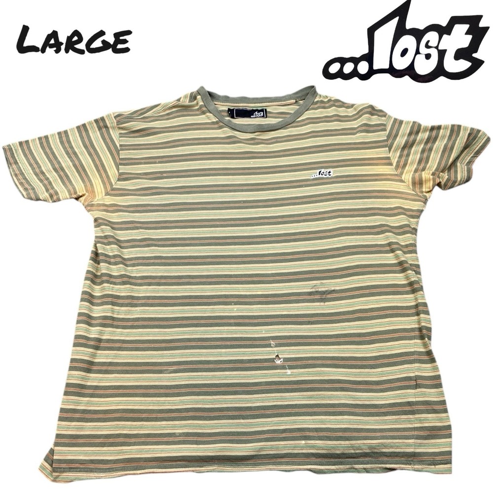 VTG‎ Lost T-Shirt Men LARGE Green Stripe Logo Embroidered Streetwear Skater Y2K